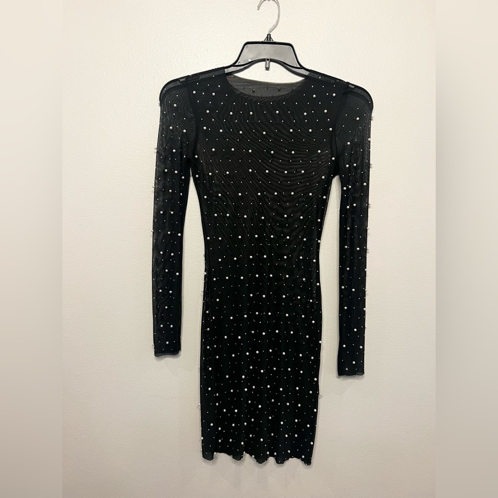 Black Sheer Beaded Pearl Studded Embellished Rave Goth Mesh Dress Sz S Bodycon